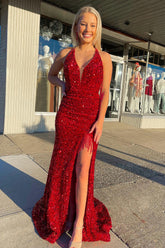 Mermaid Deep V Neck Red Sequins Long Prom Dress with Open Back