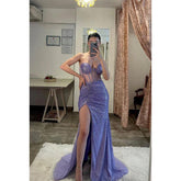 Robe de bal longue en tulle transparent à paillettes et bretelles spaghetti