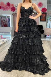A Line Spaghetti Straps Corset Black Lace Prom Dress with Ruffles