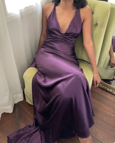 Robe de soirée longue violette dos nu à col en V, robe de bal, robe de fête Y7520
