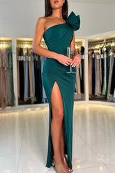 Dark Green One Shoulder Evening Dress Split Long On Sale