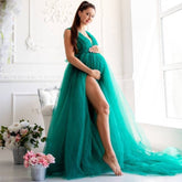 V-neck high split big belly dress, tulle maternity dress, draped long mesh pregnancy evening dress