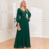Long Sleeve Lace Up High Quality Double V Neck Sequin Chiffon Patchwork A Line Big Swing Full Lining Party Evening Dress