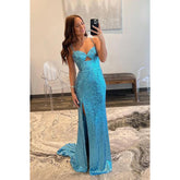 Vestido de noche largo con escote en V, tirantes finos, lentejuelas y aberturas