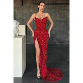 Robe de bal longue à bretelles spaghetti et col en V, fendue et pailletée