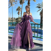 Robe de soirée élégante et spectaculaire, coupe trapèze, manches courtes, épaules dénudées, tulle scintillant