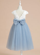 A-line Satin Tulle Tea-length First Communion Flower Girl Dress