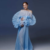 Elegant Blue Pleated Maternity Dresses for Photoshoot Puff Sleeves Sheer Organza Maternity Gown Photography Babyshower Dress