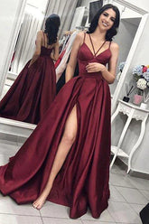 A Line Spaghetti Straps Burgundy Long Prom Dress with Silt