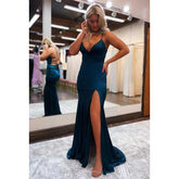 Vestido de fiesta largo con escote en V, tirantes finos, cordones y abertura