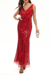 Elegantes vestidos de noche estilo universitario con lentejuelas y patchwork, escote en V.