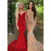 Vestido de fiesta de sirena con lentejuelas y escote en V sexy y purpurina