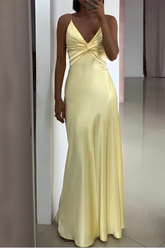 Robe de soirée jaune simple en satin à col en V et coupe trapèze Y8551