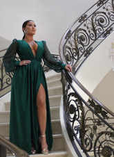 Vestido de fiesta largo verde con escote en V, manga larga y abertura, estilo sexy, modelo Y5050