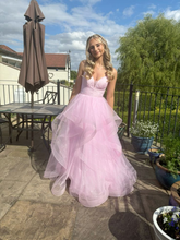 Vestido de fiesta de corte A con volantes, tul rosa brillante, tirantes, modelo Y7932