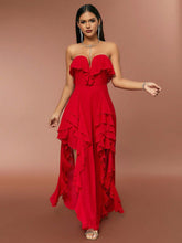 Red Ruffle Tube Top V neck Flounce Backless Evening Dress