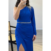 Sheath/column One Shoulder Beaded Royal Blue Satin Long Prom Dress