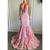 Vestido de fiesta africano de sirena con escote en V, apliques de encaje y mangas largas