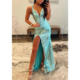 Robe de soirée scintillante à bretelles spaghetti et col en V avec fente latérale