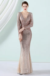 Golden Sequined Long Sleeves Evening Dress