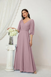 Baoleely Formal Prom Gown Women V-Neck Chiffon Bridesmaid Dresses Long Bishop Sleeve Party Dress 2807