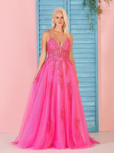 A Line V Neck Pink Lace Long Prom Dress