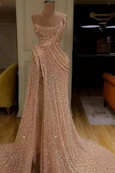 Magnifique robe de bal longue sirène fendue sans bretelles et à sequins
