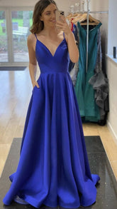 Robe de soirée bleu roi en satin, coupe trapèze, col en V, robe de fin d'études Y433