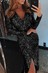 Robe de soirée élégante à sequins, patchwork uni, col en V