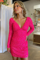 Trendy Bodycon V Neck Hot Pink Sequins Short Homecoming Dress with Long Sleeves