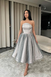 Strapless Silver A-Line Short Prom Dress Ruffle With Sequins and Tulle