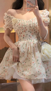 Vestido corto de fiesta con estampado floral y hombros descubiertos, corte en A, modelo Y2422