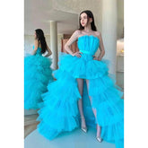 Vestido de fiesta de tul con cordones, corte A, sin tirantes, alto bajo