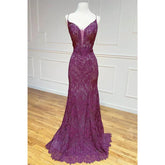 Sheath/column Spaghetti Straps Lace Beaded Long Prom Dress Formal Evening Gowns