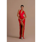 Vestido de noche largo de satén con escote en V, corte tubo y abertura lateral