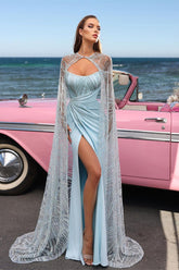 Gorgeous Sky Blue Sweetheart Mermaid Evening Dress Split With Cape