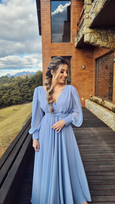 Robe de soirée vintage longue bleue à col en V, coupe trapèze, en mousseline plissée, longueur cheville, modèle Y5048