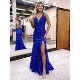 Robe de soirée bleu roi à col en V et dos nu