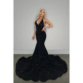 Vestido de noche largo de sirena con escote en V, espalda descubierta, lentejuelas y cola larga