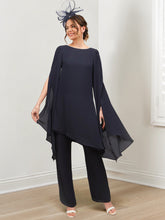 Trajes de pantalón de gasa con escote redondo para la madre de la novia