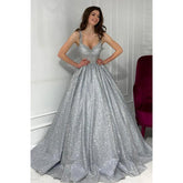 Vestido de fiesta sexy con escote en V y brillo plateado