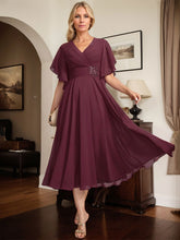 A-line V-Neck Tea-Length Chiffon Mother of the Bride Dress With Pleated Beading