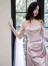 Robe de soirée longue en satin violet clair, décolleté cœur, robe de bal Y8312
