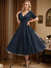 A-line V-Neck Tea-Length Tulle Lace Mother of the Bride Dress With Pleated