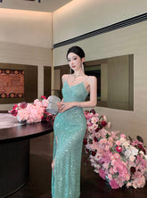 Green Sequin High-Slit Evening Dress – Elegant Party & Formal Gown