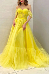 A Line Off the Shoulder Yellow Corset Prom Dress