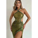 Vestido de fiesta largo de noche verde con lentejuelas y cuentas, sexy y ajustado con cuello halter
