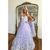 Robe de soirée longue trapèze en tulle et dentelle, sans bretelles et sans manches