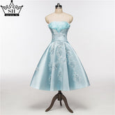 On Sale No Return No Refund Newest Short Evening Dresses Strapless Sexy Applique Satin Formal Evening Party HA2076