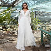 Vestido de novia personalizado con escote en V, mangas largas, fajas de encaje, corte A, gasa, espalda con cordones, vestido de novia de playa